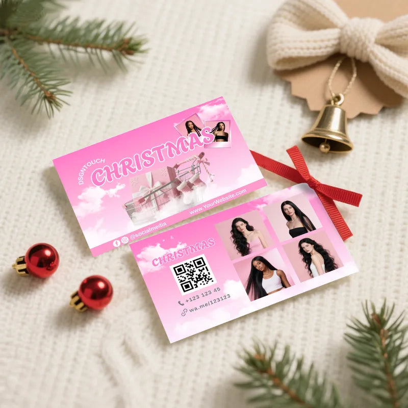 Christmas Glossy Business Cards for Salons displayed with festive decorations and a bow.