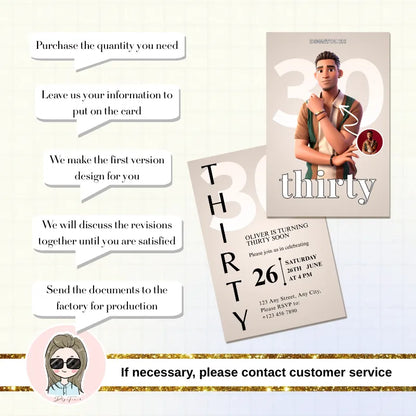 Custom Invitation 30 birthday card design showcasing details for a milestone party with masculine theme from DSGTNTOUCH.