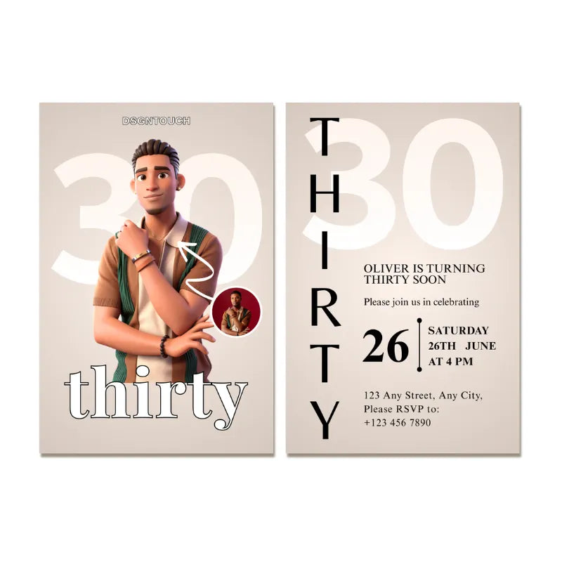 Invitation 30 custom birthday card featuring a stylish masculine design for celebrating a 30th birthday.