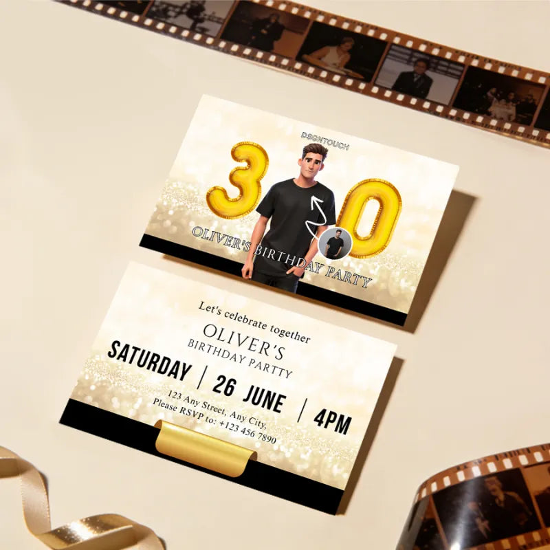 30th birthday invitation for men featuring golden number balloons and elegant design for Oliver's birthday party.