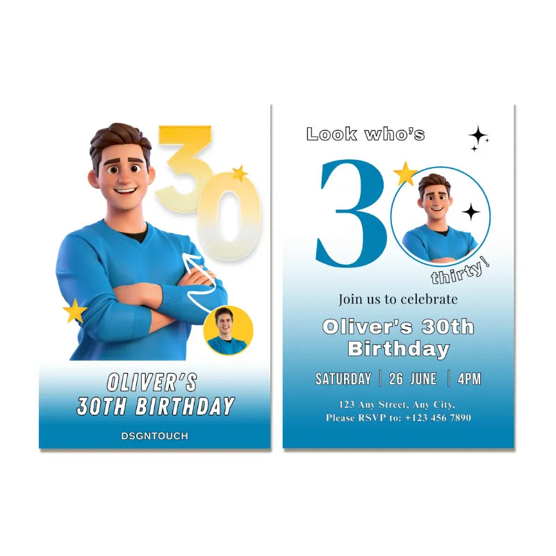 Invitation 30 custom birthday card for him featuring blue design and character celebrating milestone 30th birthday.