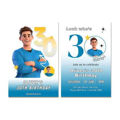 Invitation 30 custom birthday card for him featuring blue design and character celebrating milestone 30th birthday.