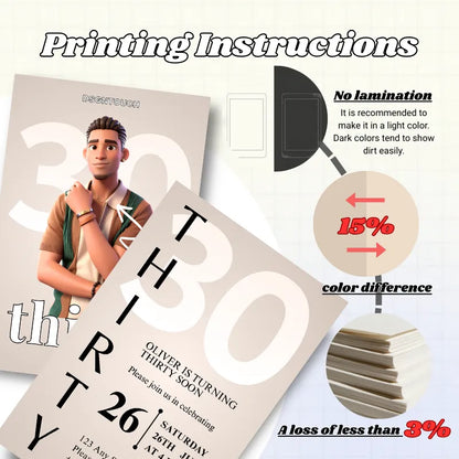 Printing instructions for Invitation 30 custom birthday card from DSGTNTOUCH, detailing features and color recommendations.