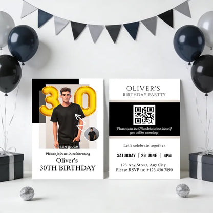 Invitation 30 custom birthday card for him featuring a sleek design and personalized details for Oliver's 30th birthday.