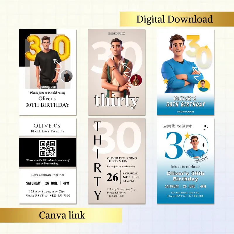 30th birthday invite template featuring stylish designs for a male's birthday celebration, digital download by DSGTNTOUCH.