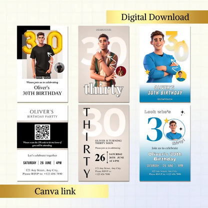 30th birthday invite template featuring stylish designs for a male's birthday celebration, digital download by DSGTNTOUCH.