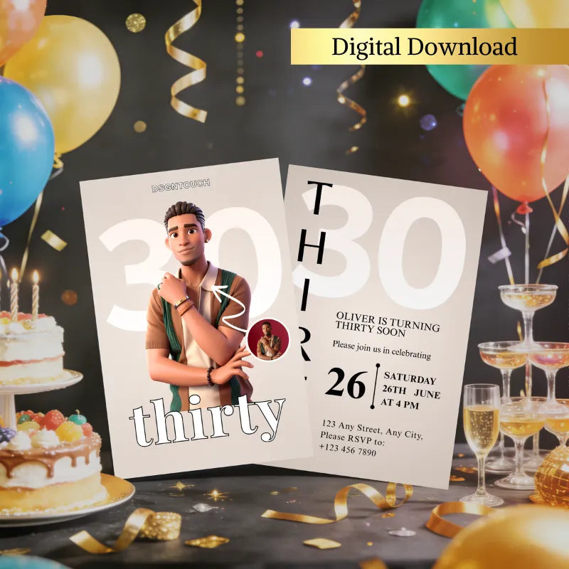 30th birthday invite template featuring a stylish design for men, suitable for a celebration with digital download option.
