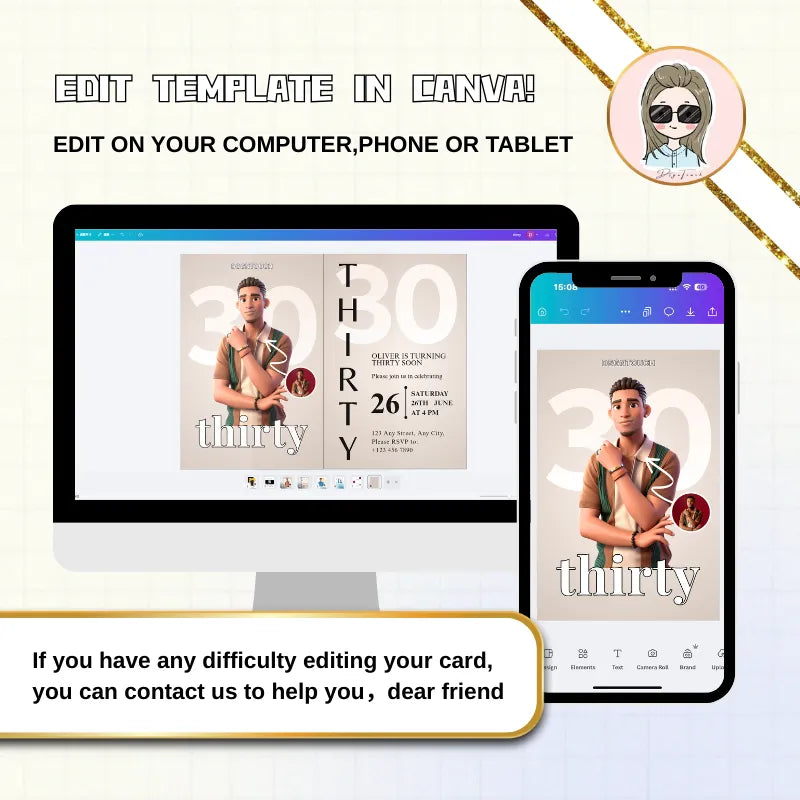 30th birthday invite template displayed on computer and phone, editable in Canva for stylish birthday celebrations.