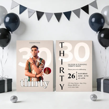 30th birthday invite template for him showcased in a stylish design with balloons and decorations.