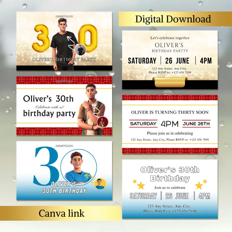 30th birthday card for man featuring celebration details and digital download information