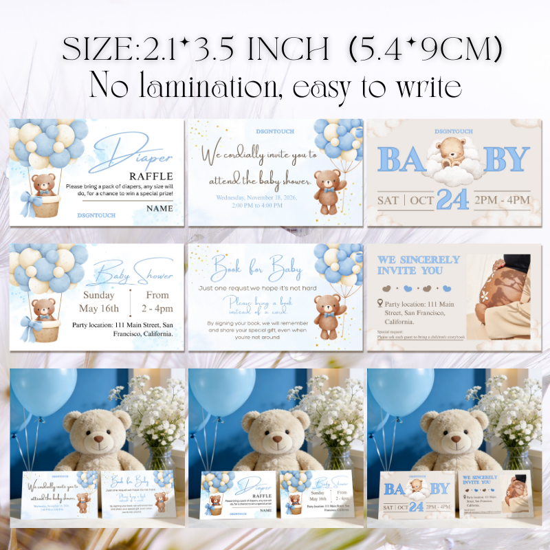 Baby Shower Cards printed on 300g premium paper featuring charming designs and easy-to-write surfaces.