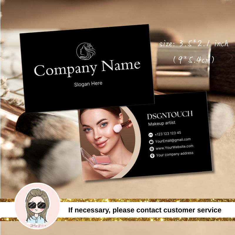 Makeup business card design featuring elegant black and white template with contact details and a beauty theme.