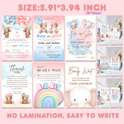 Printable Baby Shower Invitations featuring balloons and teddy bears, 5.91x3.94 inches, easy to write and no lamination.