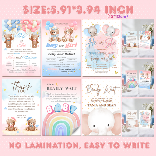 Printable Baby Shower Invitations featuring balloons and teddy bears, 5.91x3.94 inches, easy to write and no lamination.