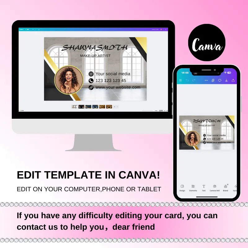 Premium Editable Hair Salon Business Cards by DSGNTOUCH displayed on computer and phone screens in Canva.