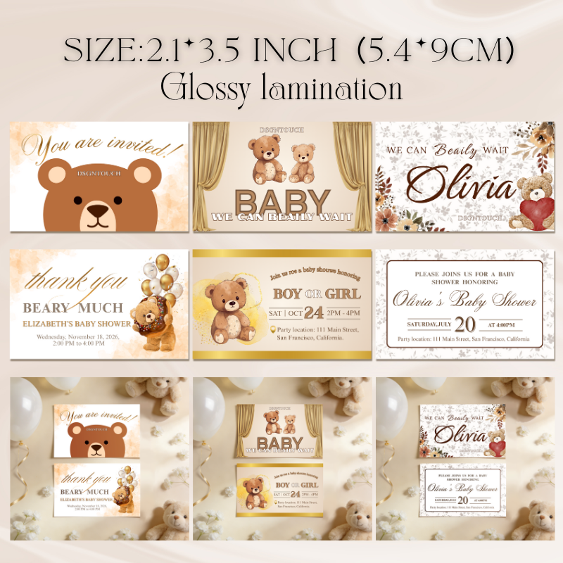DIY Baby Shower Invitations collection featuring bear designs, 5.4x9cm, printed on glossy paper.