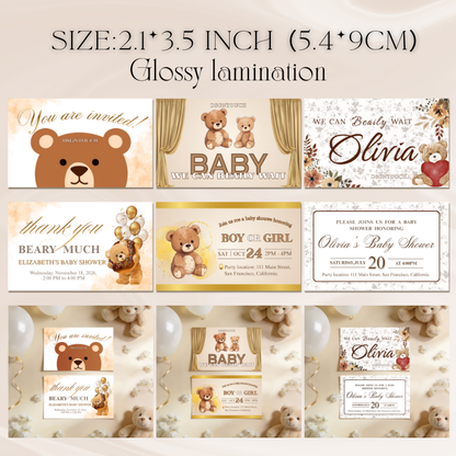 DIY Baby Shower Invitations collection featuring bear designs, 5.4x9cm, printed on glossy paper.
