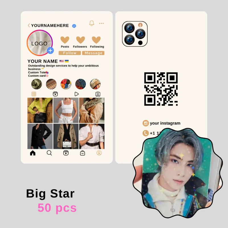 50-piece "Big Star" fashion brand Instagram template set: includes a profile mockup (showcasing custom tote/card designs) + a QR code contact card.