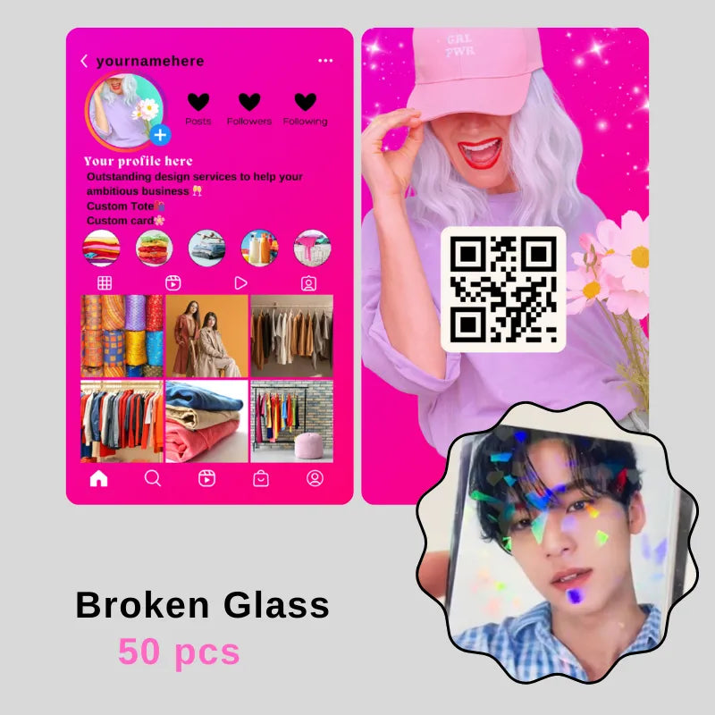50-piece "Broken Glass" pink fashion Instagram template: features a profile mockup (with clothing/accessory visuals) + a QR code card, with holographic accent elements.