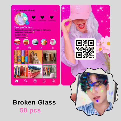 50-piece "Broken Glass" pink fashion Instagram template: features a profile mockup (with clothing/accessory visuals) + a QR code card, with holographic accent elements.