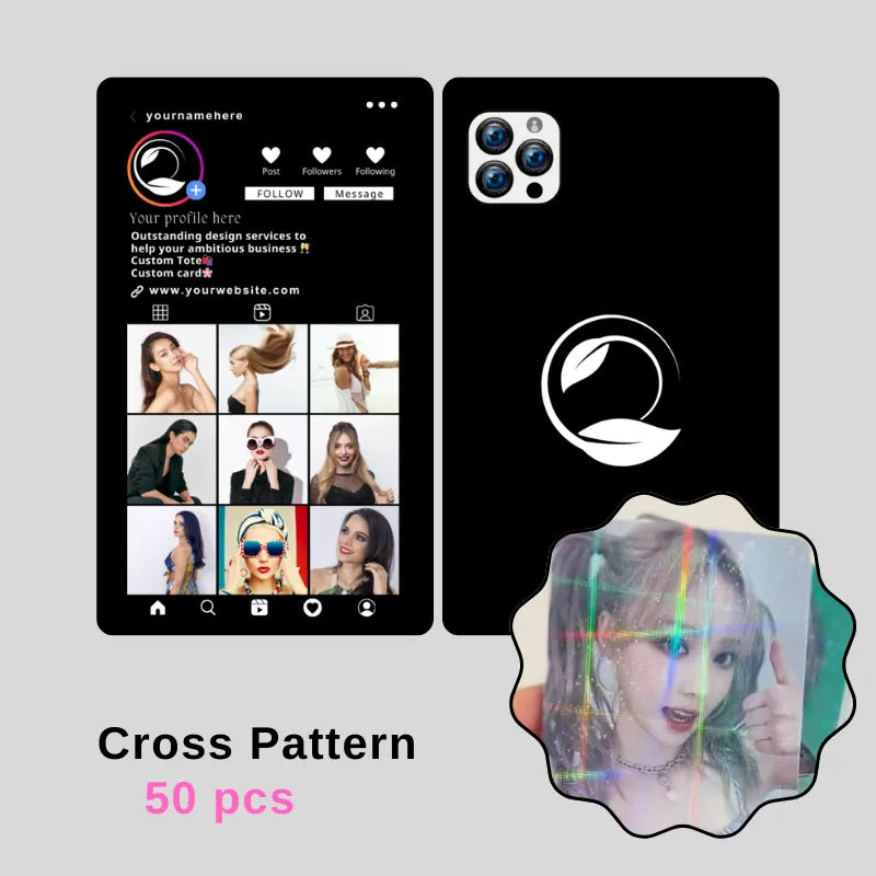 50-piece "Cross Pattern" beauty Instagram template: includes a profile mockup (with hairstyling portfolio) + a matching phone case design, with holographic accent elements.