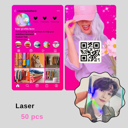 50-piece "Laser" pink fashion Instagram template: includes a profile mockup (with clothing/accessory visuals) + a QR code card, with holographic laser-accent elements.