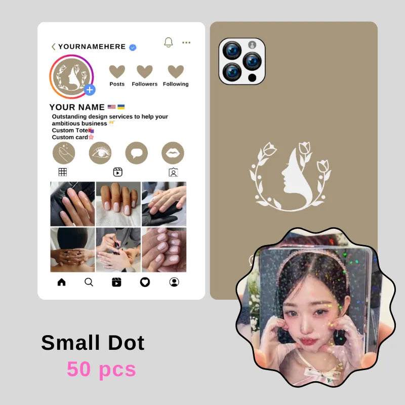50-piece "Small Dot" nail artist template bundle: features an Instagram profile mockup (with nail service portfolio) + a matching phone case design, paired with a glitter-accented photo sticker.