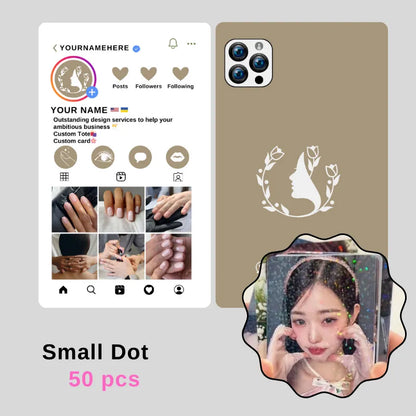 50-piece "Small Dot" nail artist template bundle: features an Instagram profile mockup (with nail service portfolio) + a matching phone case design, paired with a glitter-accented photo sticker.
