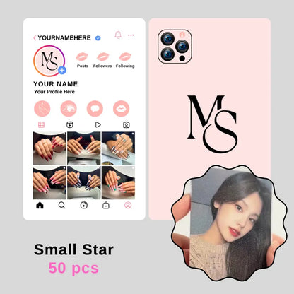 50-piece "Small Star" nail artist template set: includes an Instagram profile mockup (showcasing nail art designs) + a matching phone case (with custom "MS" logo), paired with a glitter photo sticker.