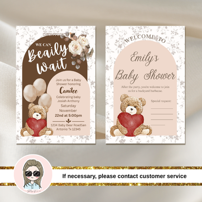 Gender Neutral Baby Shower Invitations featuring teddy bear and flowers, premium printed 15x10cm, dsgntouch.