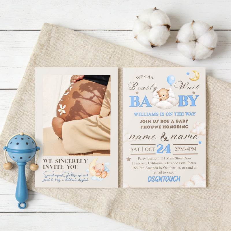 Baby Shower Invitations - Premium Printed 10x15cm Cards showcasing a lovely design on a wooden background.