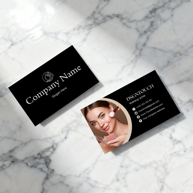 Makeup business card design featuring elegant black and white colors with a stylish model and contact details.