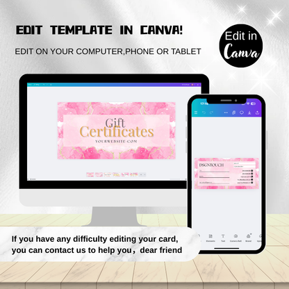 Editable pink gift certificate template shown on computer and phone in Canva for digital gifting.