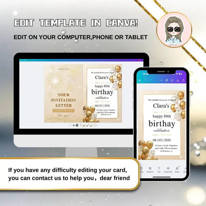 Editable Canva template for a birthday card for an old person’s 80th celebration.