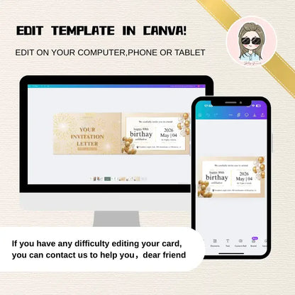 80th birthday invitation ideas template displayed on computer and phone in Canva for easy editing.