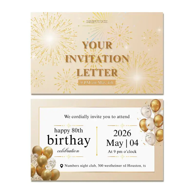 80th birthday invitations featuring elegant design with gold balloons and fireworks, perfect for celebrating a milestone birthday.