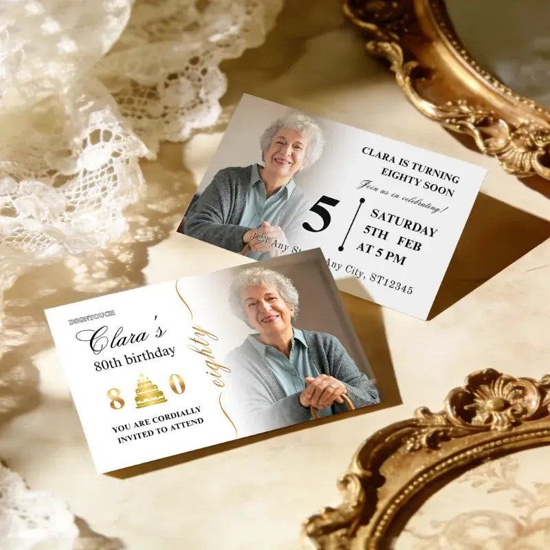 80th birthday invitations featuring elegant design and customizable details for celebrating a milestone birthday.