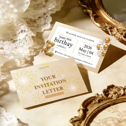 80th birthday invitations displayed on a decorative background with elegant design elements and celebratory graphics.