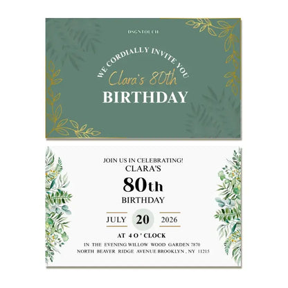 80th birthday invitations featuring elegant design for Clara's 80th birthday celebration with floral accents and invitation details.