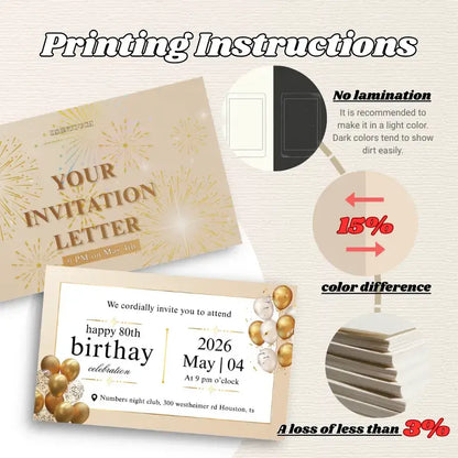Printing instructions for 80th birthday invitations showcasing design tips and color details on premium matte card.