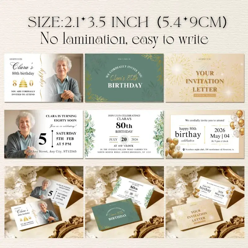 Elegant 80th birthday invitations, 300g premium matte card, free custom design, easy to write, size 2.1x3.5 inches.