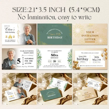 Elegant 80th birthday invitations, 300g premium matte card, free custom design, easy to write, size 2.1x3.5 inches.