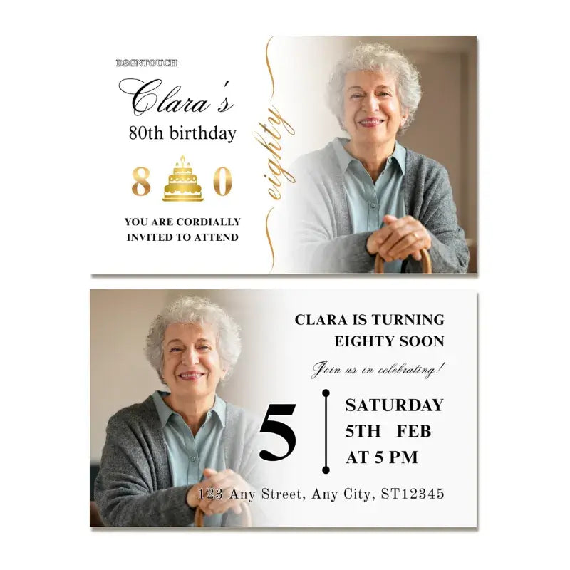 80th birthday invitations featuring elegant design and personalized details for Clara's celebration.