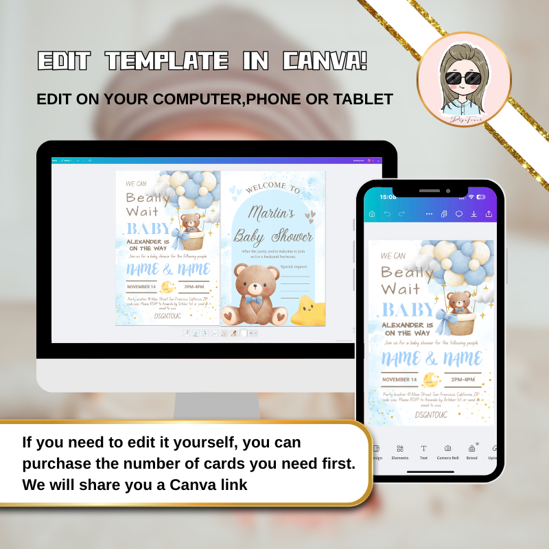 Baby Shower Invitations template displayed on computer and phone, easy editing in Canva for customizable designs.