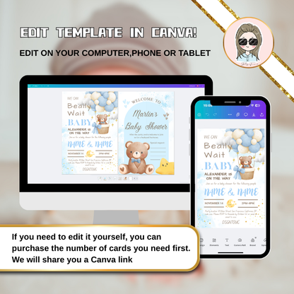 Baby Shower Invitations template displayed on computer and phone, easy editing in Canva for customizable designs.