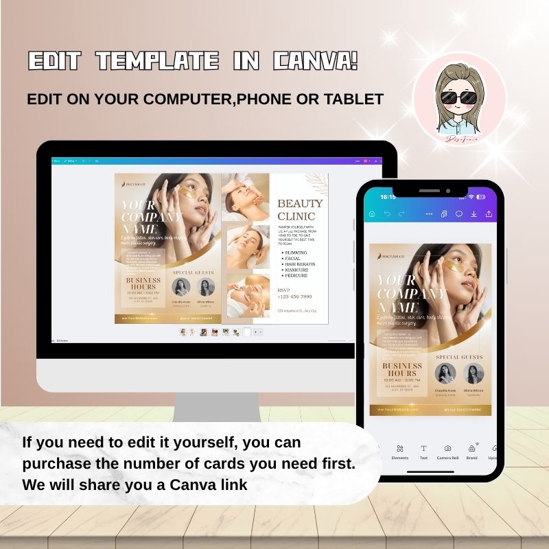 Beauty salon flyer template editable in Canva on computer and phone screens with instructions.