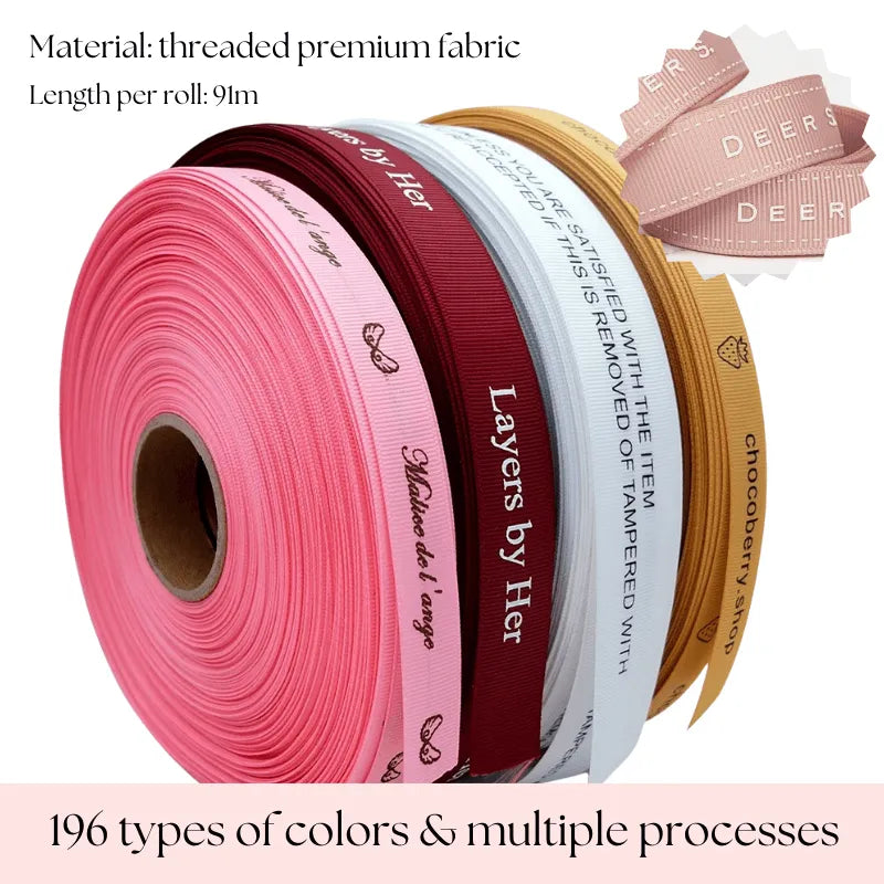 91m threaded premium fabric ribbon rolls (196 color options): features custom brand prints (e.g., "Malice de l'ange," "Layers by Her") with multiple printing processes for business branding.