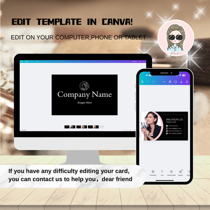 Editable Makeup Artist Business Cards template shown on computer and phone screens with Canva interface.