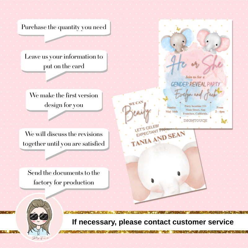 Printable Baby Shower Invitations sample design featuring elephants for a gender reveal party.