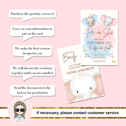 Printable Baby Shower Invitations sample design featuring elephants for a gender reveal party.